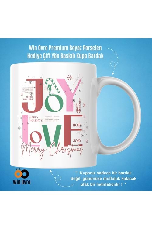 Win Ovro Premium Beyaz Porselen Hediye Çift Yön Baskılı Kupa Bardak - Joy Love Merry Christmas