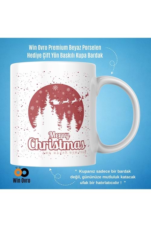 Win Ovro Premium Beyaz Porselen Hediye Çift Yön Baskılı Kupa Bardak - Merry Christmas Happy New