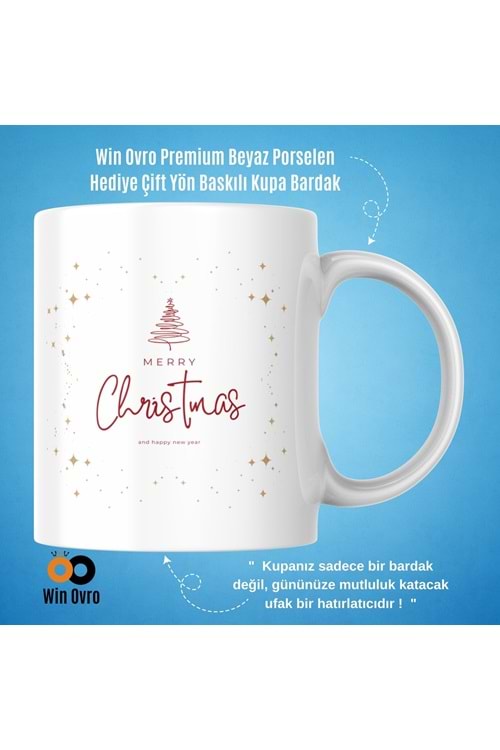Win Ovro Premium Beyaz Porselen Hediye Çift Yön Baskılı Kupa Bardak - Merry Christmas Happy New 2