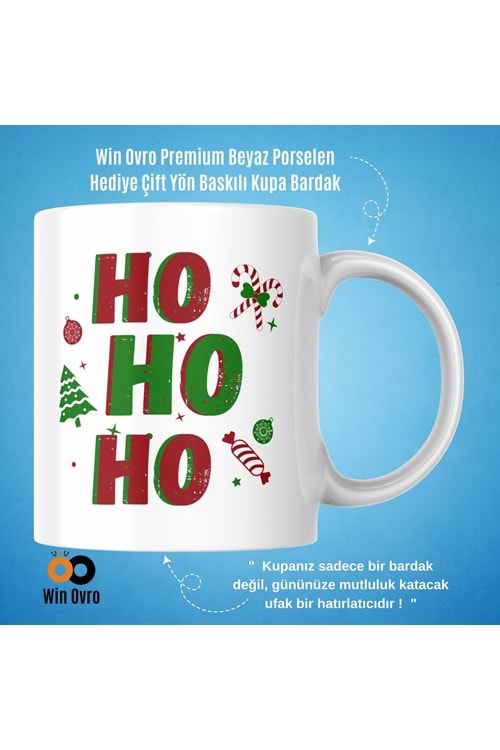 Win Ovro Premium Beyaz Porselen Hediye Çift Yön Baskılı Kupa Bardak - Ho Ho Ho Christmas