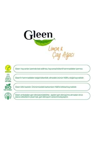 Gleen Organik Içerikli Vegan 1 Lt Limon-çay Ağacı Sprey Yüzey Temizleyici