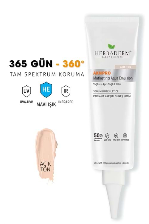 Herbaderm AKNPRO Yağlı, Akneye Meyilli Ciltler için Nemlendirici Güneş Kremi, 50+ SPF