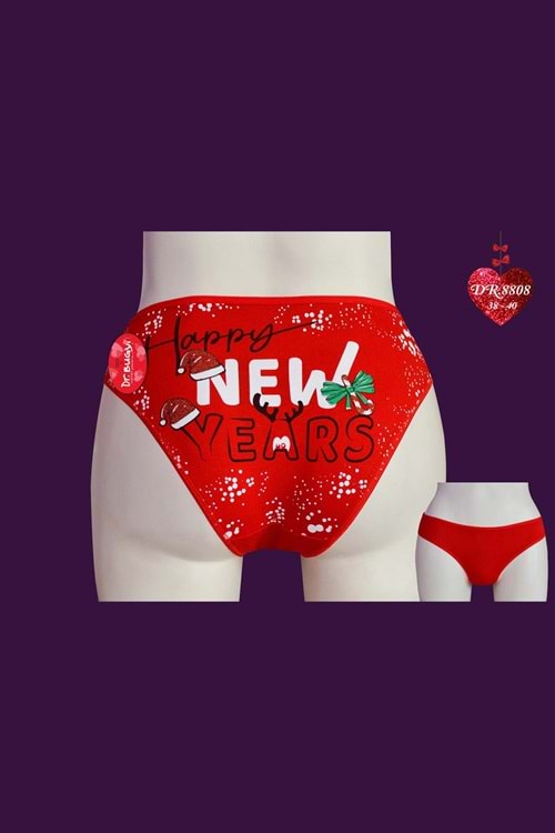 Papatya Dr.Bungy Kadın Bikini Külot Happy New Years Baskılı - Kırmızı - STD Beden