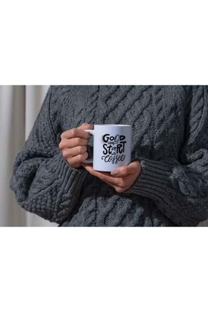 Win Ovro Premium Ultra Beyaz Porselen Kupa Bardak Çift Yönlü Baskılı - Good Ideas Start With Coffee