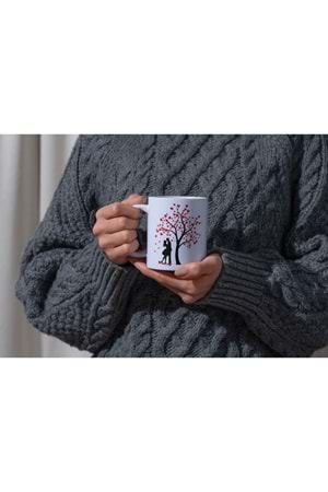 Win Ovro Premium Ultra Beyaz Porselen Kupa Bardak Çift Yönlü Baskılı - Sevgili Ağaç Kalp