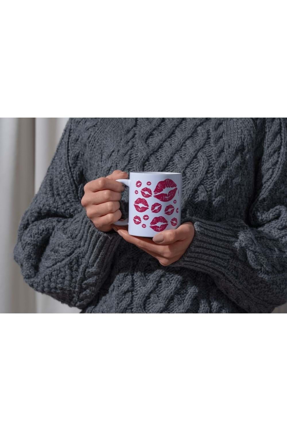 Win Ovro Premium Ultra Beyaz Porselen Kupa Bardak Çift Yönlü Baskılı - Kiss Love Öpücük
