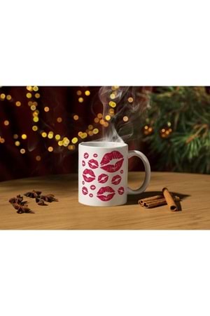 Win Ovro Premium Ultra Beyaz Porselen Kupa Bardak Çift Yönlü Baskılı - Kiss Love Öpücük