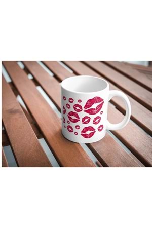 Win Ovro Premium Ultra Beyaz Porselen Kupa Bardak Çift Yönlü Baskılı - Kiss Love Öpücük