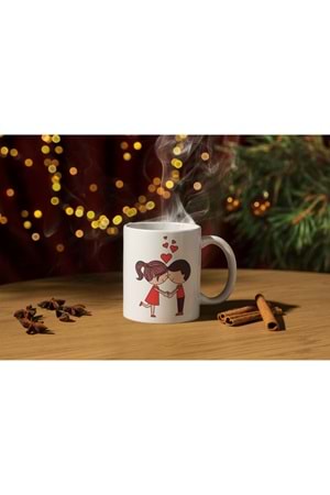 Win Ovro Premium Ultra Beyaz Porselen Kupa Bardak Çift Yönlü Baskılı - Sevgili Aşık Kalp