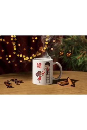 Win Ovro Premium Ultra Beyaz Porselen Kupa Bardak Çift Yönlü Baskılı - Sevgili Aşk Kalp Merdiven