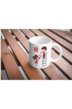 Win Ovro Premium Ultra Beyaz Porselen Kupa Bardak Çift Yönlü Baskılı - Sevgili Aşk Kalp Merdiven