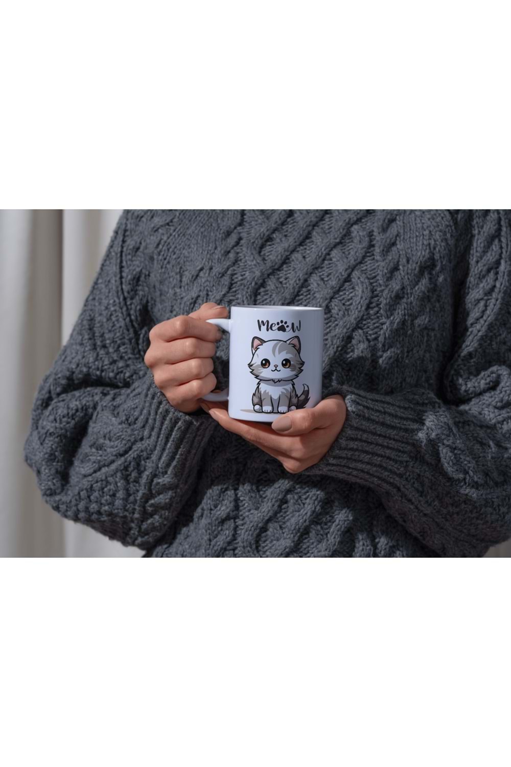 Win Ovro Premium Ultra Beyaz Porselen Kupa Bardak Çift Yönlü Baskılı - Kedi Miyav