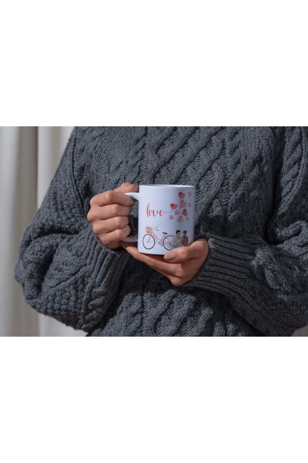 Win Ovro Premium Ultra Beyaz Porselen Kupa Bardak Çift Yönlü Baskılı - Love Aşk Sevgi Bisiklet