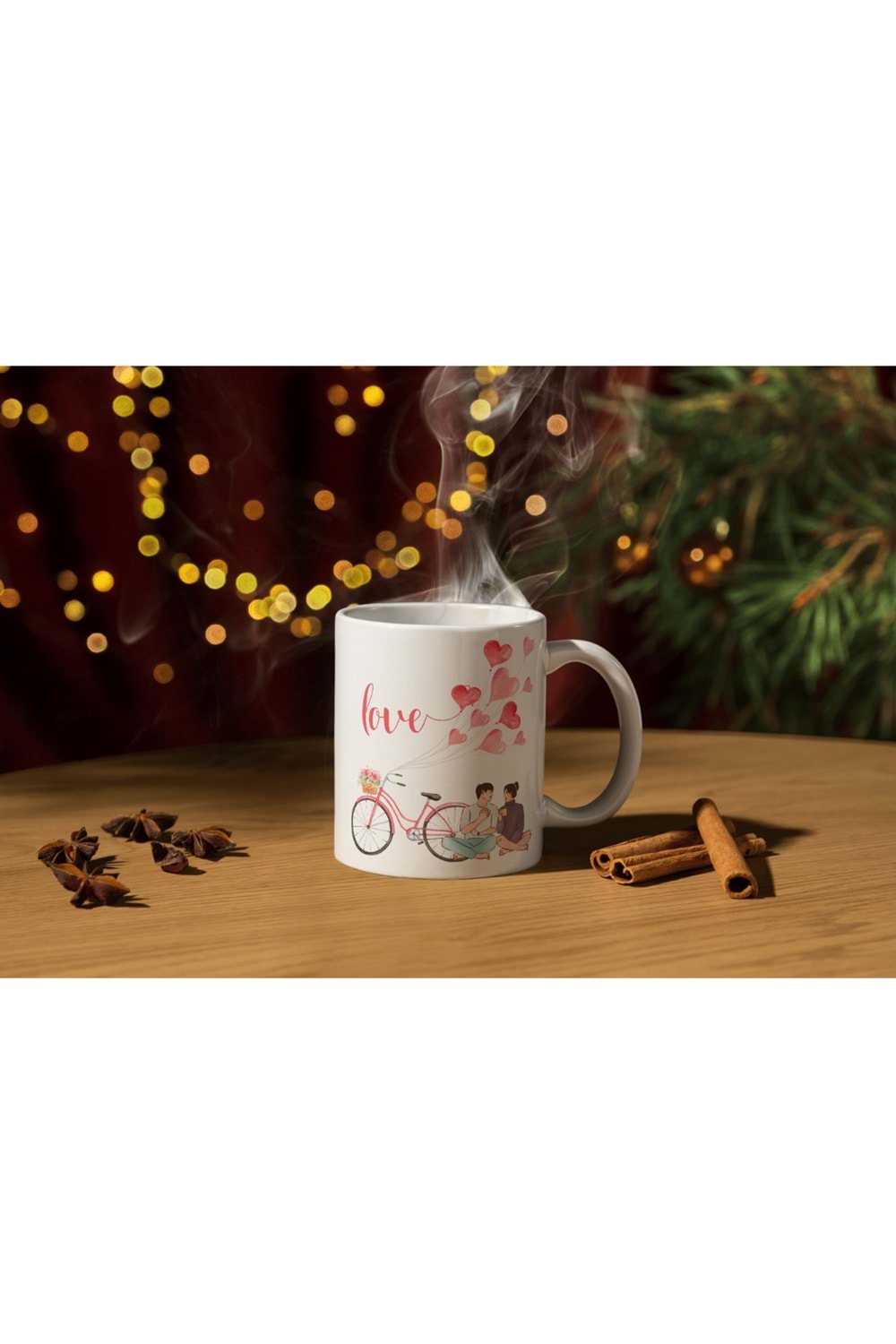 Win Ovro Premium Ultra Beyaz Porselen Kupa Bardak Çift Yönlü Baskılı - Love Aşk Sevgi Bisiklet