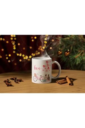 Win Ovro Premium Ultra Beyaz Porselen Kupa Bardak Çift Yönlü Baskılı - Love Aşk Sevgi Bisiklet