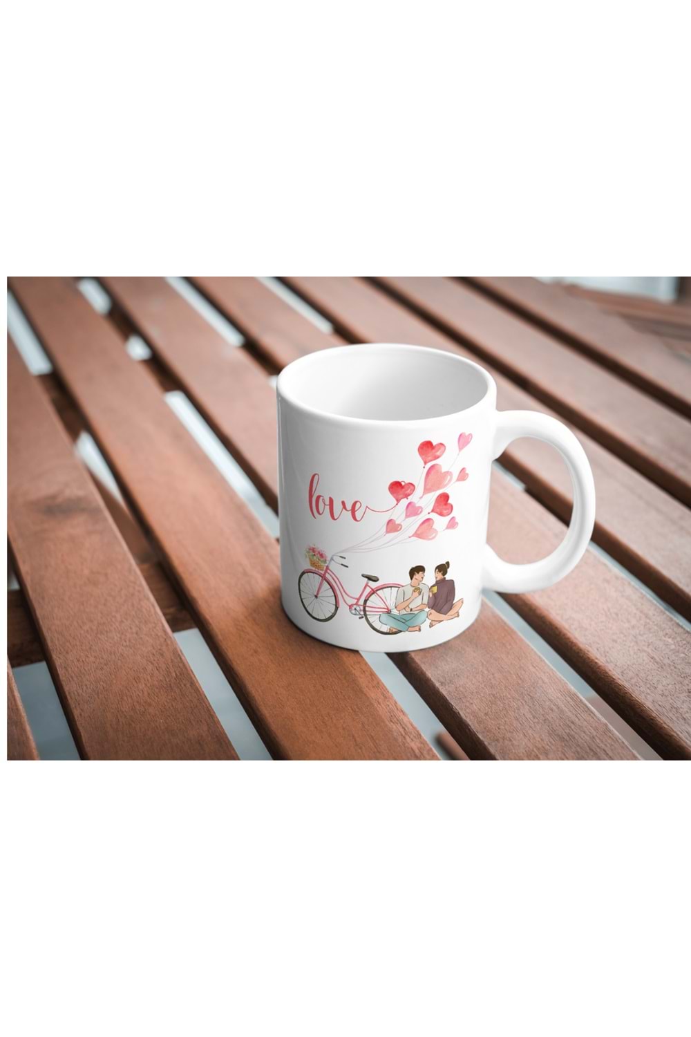 Win Ovro Premium Ultra Beyaz Porselen Kupa Bardak Çift Yönlü Baskılı - Love Aşk Sevgi Bisiklet