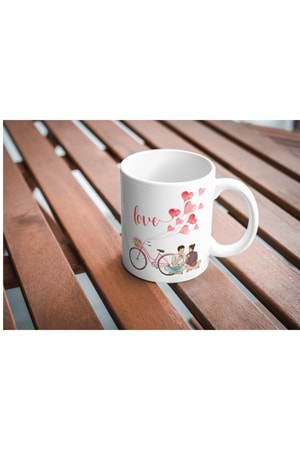 Win Ovro Premium Ultra Beyaz Porselen Kupa Bardak Çift Yönlü Baskılı - Love Aşk Sevgi Bisiklet