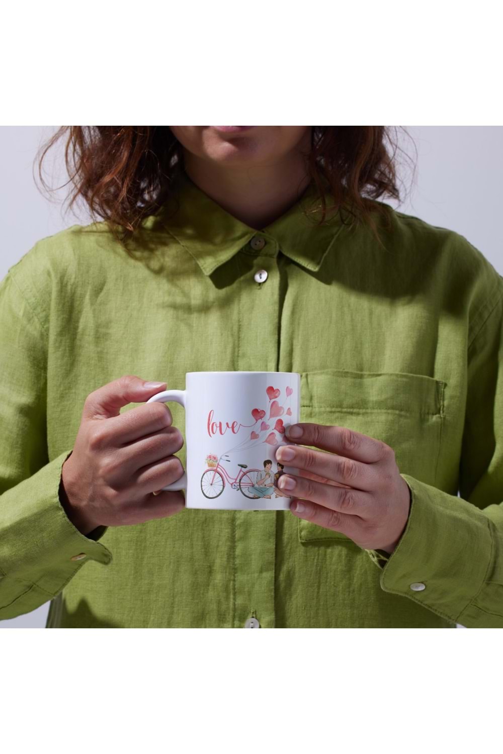 Win Ovro Premium Ultra Beyaz Porselen Kupa Bardak Çift Yönlü Baskılı - Love Aşk Sevgi Bisiklet