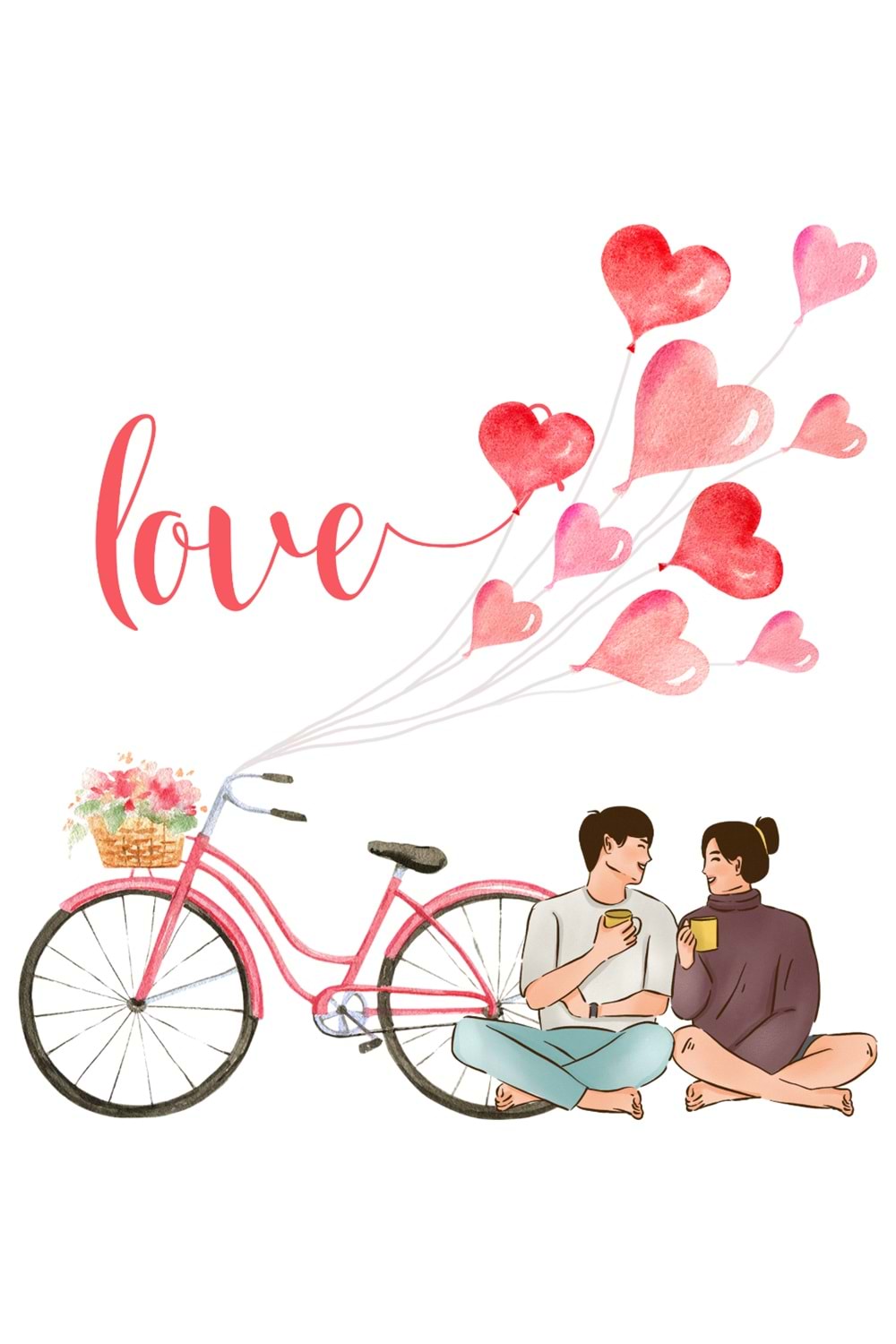 Win Ovro Premium Ultra Beyaz Porselen Kupa Bardak Çift Yönlü Baskılı - Love Aşk Sevgi Bisiklet