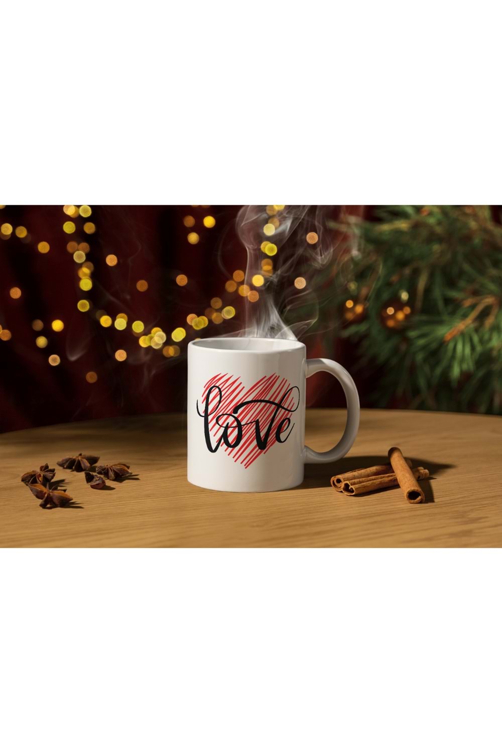 Win Ovro Premium Ultra Beyaz Porselen Kupa Bardak Çift Yönlü Baskılı - Love Kalp Aşk Kırmızı