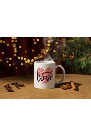 Win Ovro Premium Ultra Beyaz Porselen Kupa Bardak Çift Yönlü Baskılı - Love Kalp Aşk Kırmızı