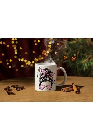 Win Ovro Premium Ultra Beyaz Porselen Kupa Bardak Çift Yönlü Baskılı - Kalp Gözlük Kadın