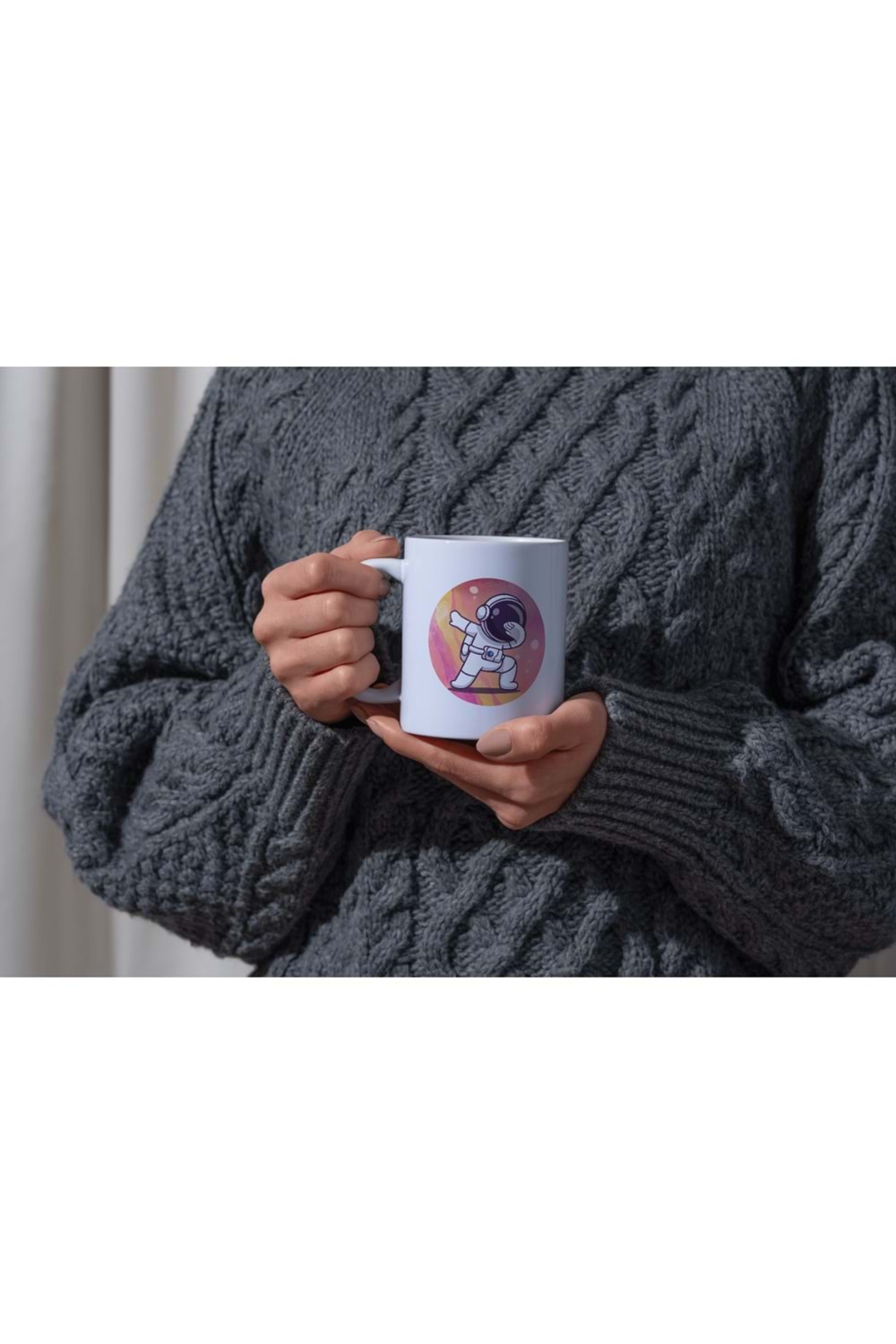 Win Ovro Premium Ultra Beyaz Porselen Kupa Bardak Çift Yönlü Baskılı - Astronat Renkli