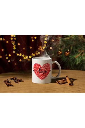 Win Ovro Premium Ultra Beyaz Porselen Kupa Bardak Çift Yönlü Baskılı - Aşk Sevgili Love Kalp
