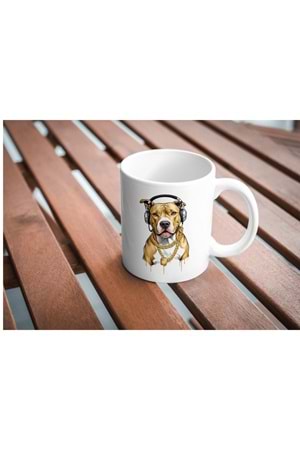 Win Ovro Premium Ultra Beyaz Porselen Kupa Bardak Çift Yönlü Baskı - Kulaklık Köpek Art Tasarım