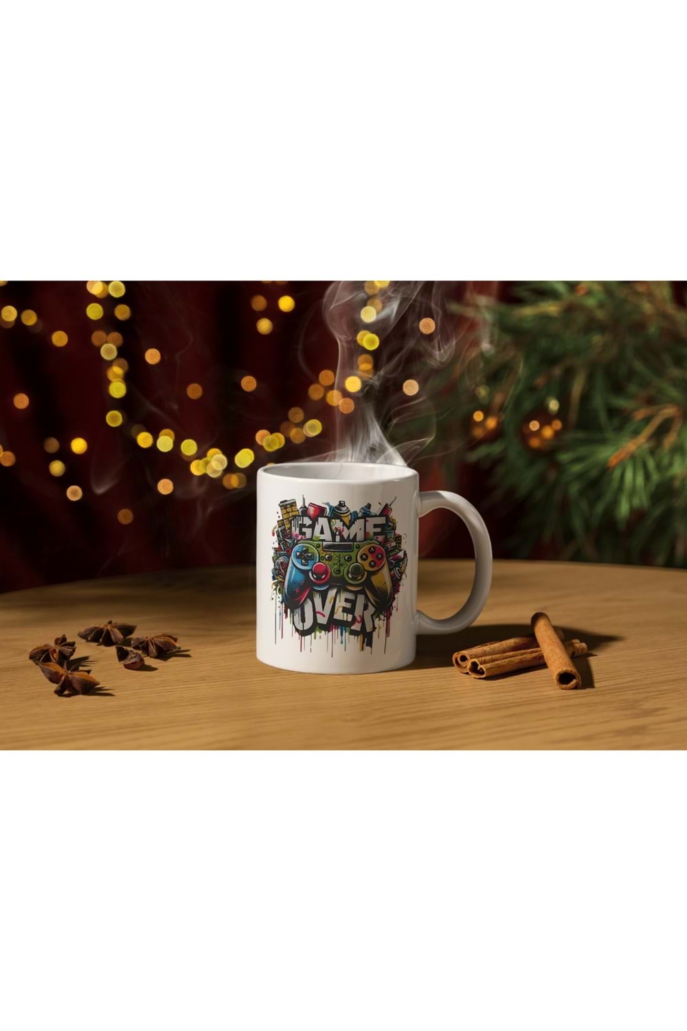Win Ovro Premium Ultra Beyaz Porselen Kupa Bardak Çift Yönlü Baskı - Game Over Ps Oyun Kol Tasarım