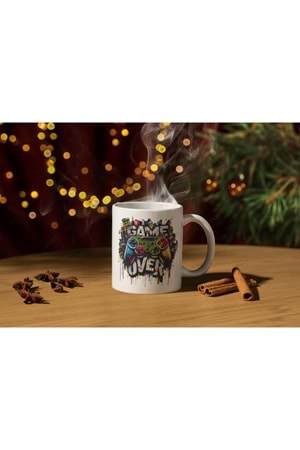 Win Ovro Premium Ultra Beyaz Porselen Kupa Bardak Çift Yönlü Baskı - Game Over Ps Oyun Kol Tasarım