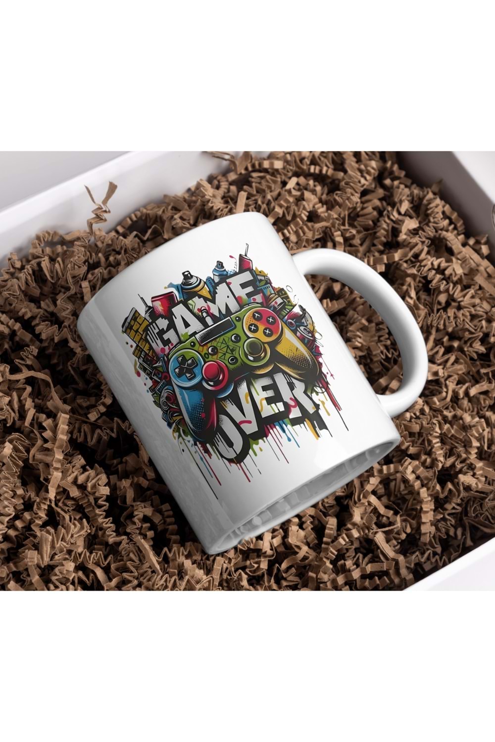 Win Ovro Premium Ultra Beyaz Porselen Kupa Bardak Çift Yönlü Baskı - Game Over Ps Oyun Kol Tasarım