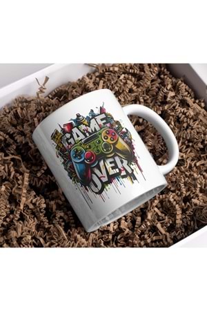 Win Ovro Premium Ultra Beyaz Porselen Kupa Bardak Çift Yönlü Baskı - Game Over Ps Oyun Kol Tasarım