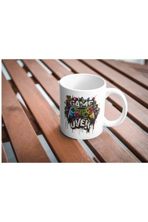 Win Ovro Premium Ultra Beyaz Porselen Kupa Bardak Çift Yönlü Baskı - Game Over Ps Oyun Kol Tasarım