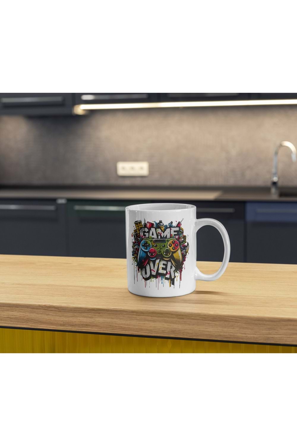 Win Ovro Premium Ultra Beyaz Porselen Kupa Bardak Çift Yönlü Baskı - Game Over Ps Oyun Kol Tasarım