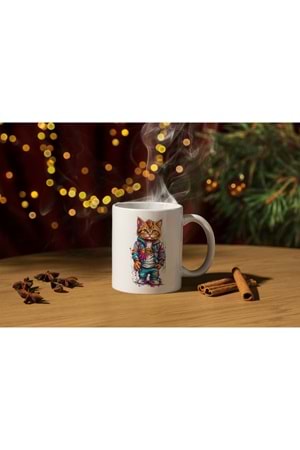 Win Ovro Premium Ultra Beyaz Porselen Kupa Bardak Çift Yönlü Baskı - Kedi Cat Renkli Art Tasarım