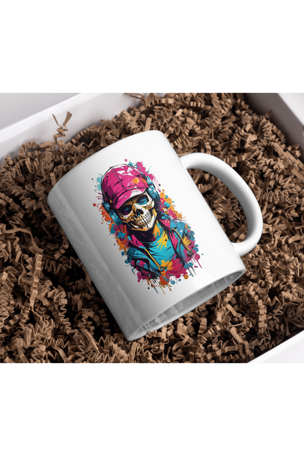 Win Ovro Premium Ultra Beyaz Porselen Kupa Bardak Çift Yönlü Baskı - Kulaklık Kuru Kafa Tasarım