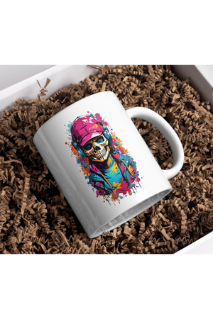 Win Ovro Premium Ultra Beyaz Porselen Kupa Bardak Çift Yönlü Baskı - Kulaklık Kuru Kafa Tasarım