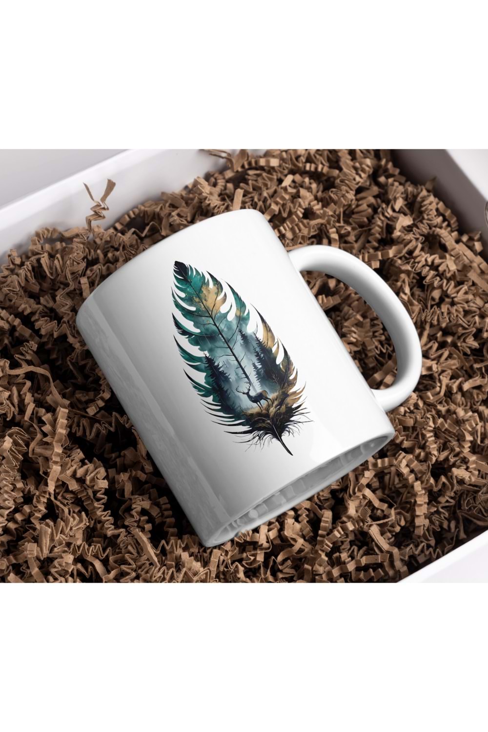 Win Ovro Premium Ultra Beyaz Porselen Kupa Bardak Çift Yönlü Baskı - Geyik Yaprak Doğa Tasarım