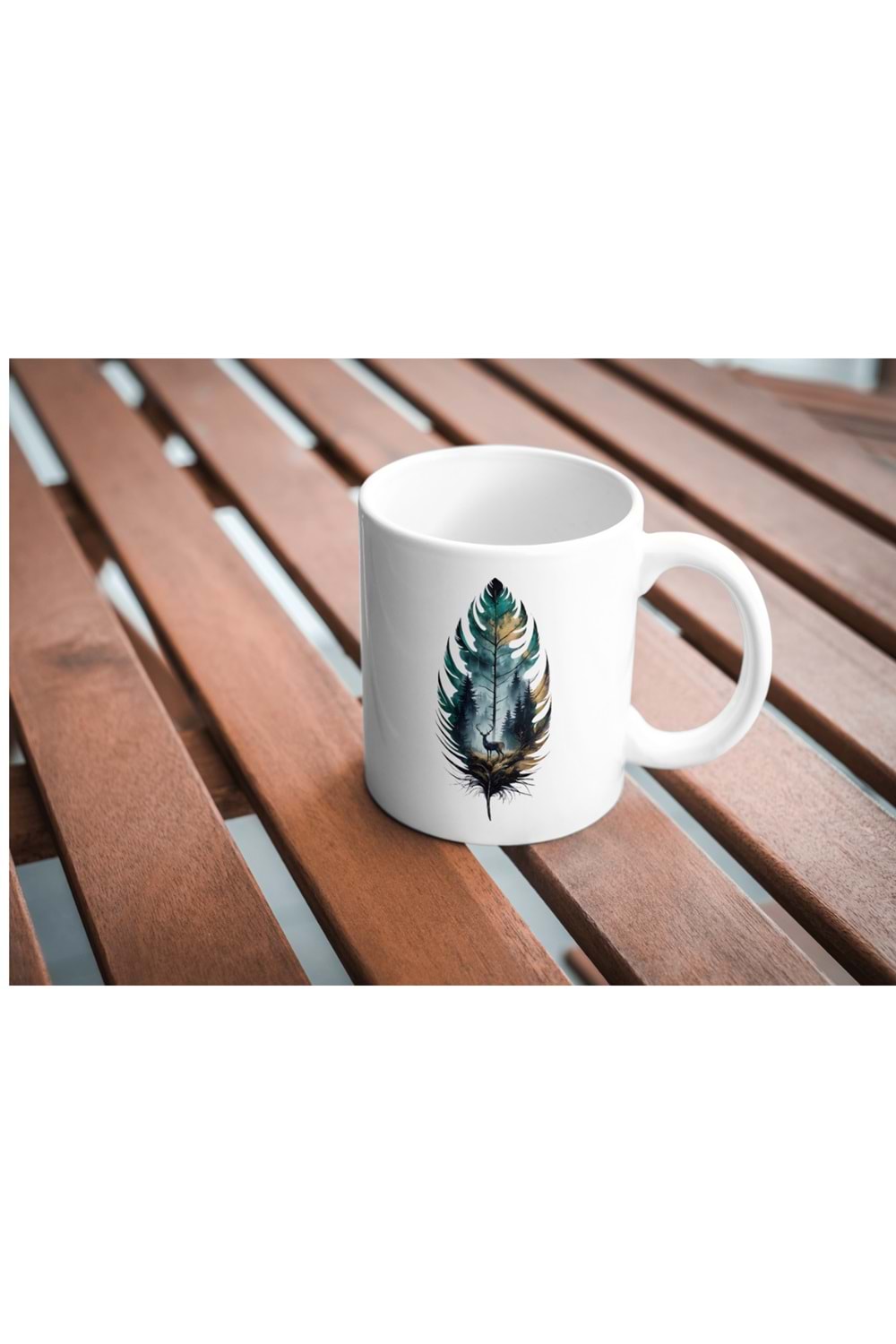 Win Ovro Premium Ultra Beyaz Porselen Kupa Bardak Çift Yönlü Baskı - Geyik Yaprak Doğa Tasarım