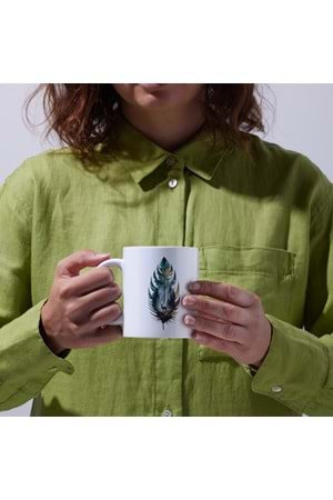 Win Ovro Premium Ultra Beyaz Porselen Kupa Bardak Çift Yönlü Baskı - Geyik Yaprak Doğa Tasarım