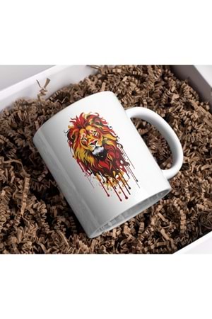 Win Ovro Premium Ultra Beyaz Porselen Kupa Bardak Çift Yönlü Baskı - Aslan Renkli Tasarım