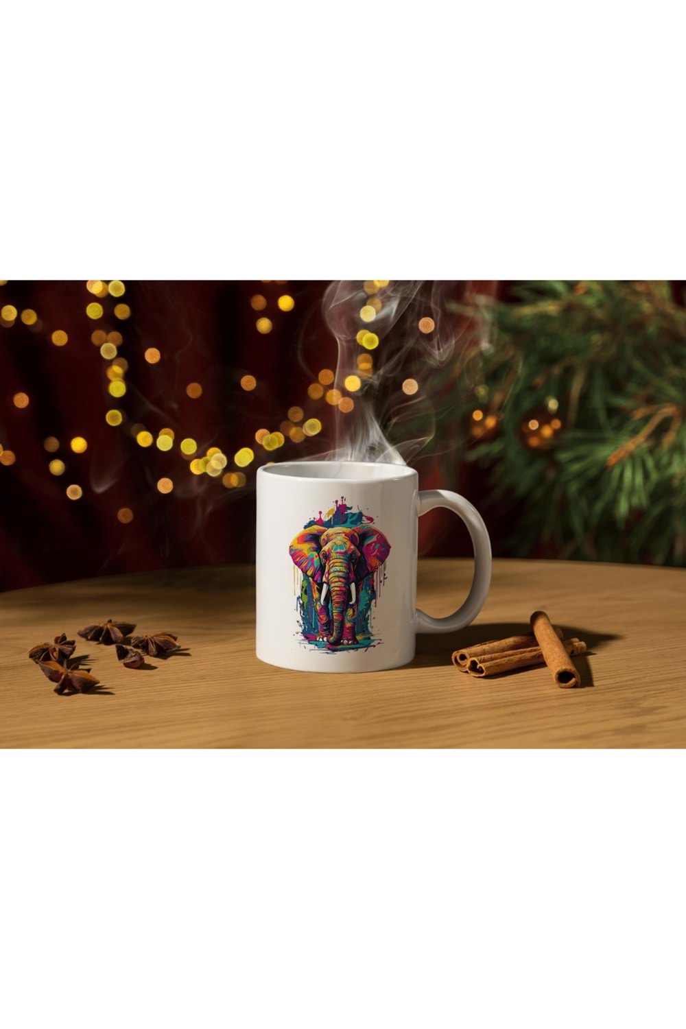 Win Ovro Premium Ultra Beyaz Porselen Kupa Bardak Çift Yönlü Baskı - Fil Renkli Tasarım İllüstrasyon