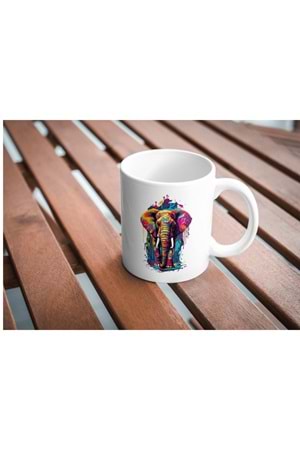 Win Ovro Premium Ultra Beyaz Porselen Kupa Bardak Çift Yönlü Baskı - Fil Renkli Tasarım İllüstrasyon