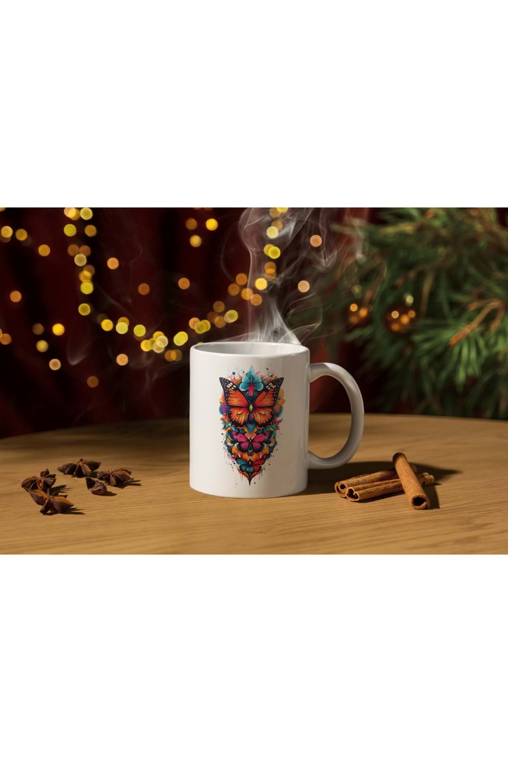 Win Ovro Premium Ultra Beyaz Porselen Kupa Bardak Çift Yönlü Baskı - Kelebek Tasarım İllüstrasyon