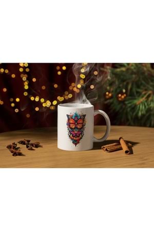 Win Ovro Premium Ultra Beyaz Porselen Kupa Bardak Çift Yönlü Baskı - Kelebek Tasarım İllüstrasyon