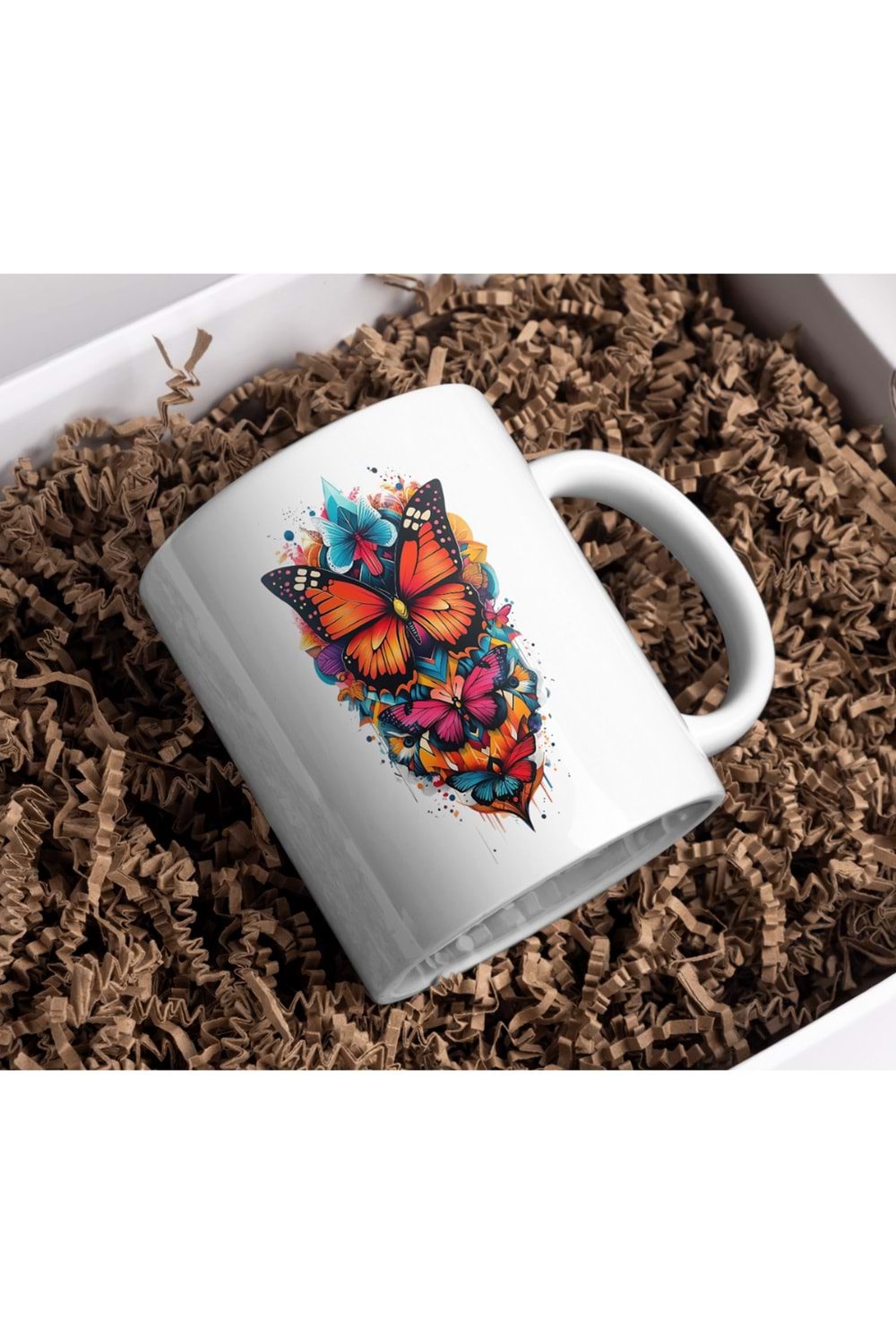 Win Ovro Premium Ultra Beyaz Porselen Kupa Bardak Çift Yönlü Baskı - Kelebek Tasarım İllüstrasyon