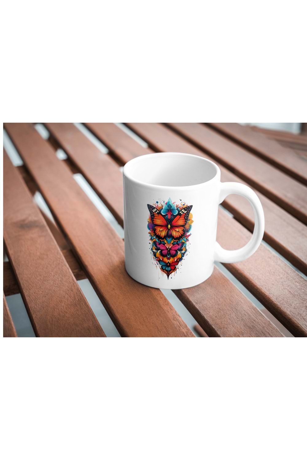 Win Ovro Premium Ultra Beyaz Porselen Kupa Bardak Çift Yönlü Baskı - Kelebek Tasarım İllüstrasyon