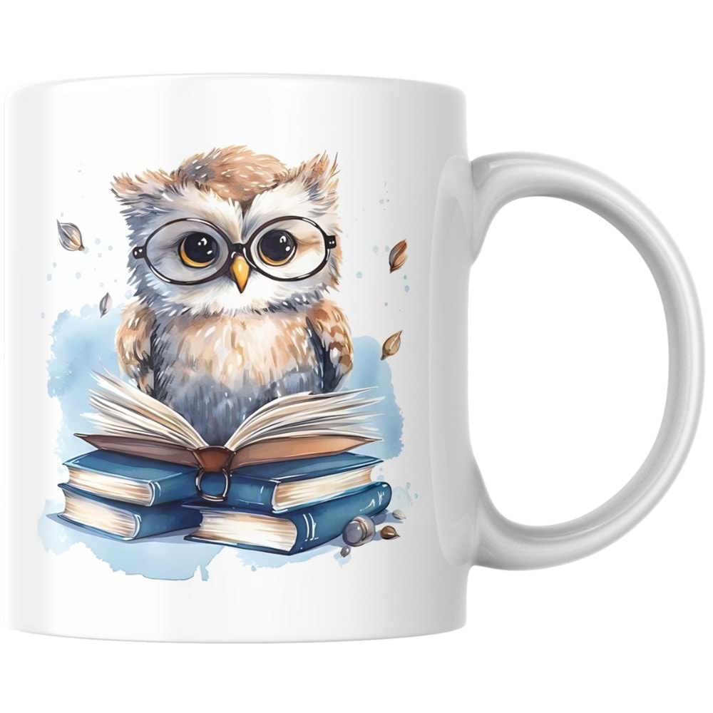 Win Ovro Premium Beyaz Porselen Hediye Kupa Bardak Çift Yönlü Baskı - Gözlüklü Baykuş Kitap