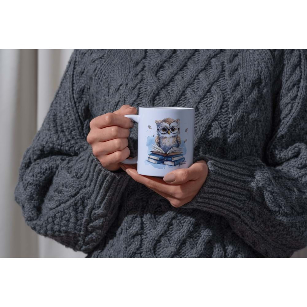 Win Ovro Premium Beyaz Porselen Hediye Kupa Bardak Çift Yönlü Baskı - Gözlüklü Baykuş Kitap